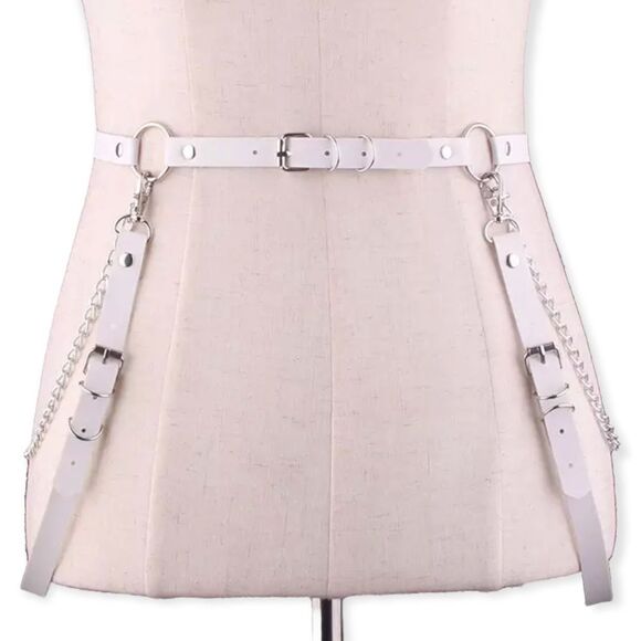 White Leather Suspender Harness Silver Hardware Statement Belt NEW - Picture 1 of 4